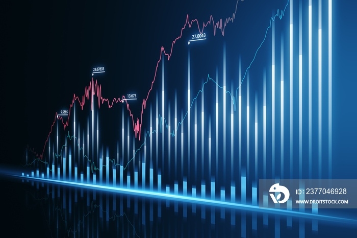 Growing blue business chart on blurry background. Business strategy development, financial growth and success plan. 3D Rendering.