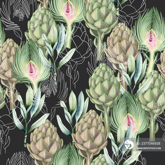 Watercolor artichoke and leaves seamless pattern, hand drawn graphic design on a dark background