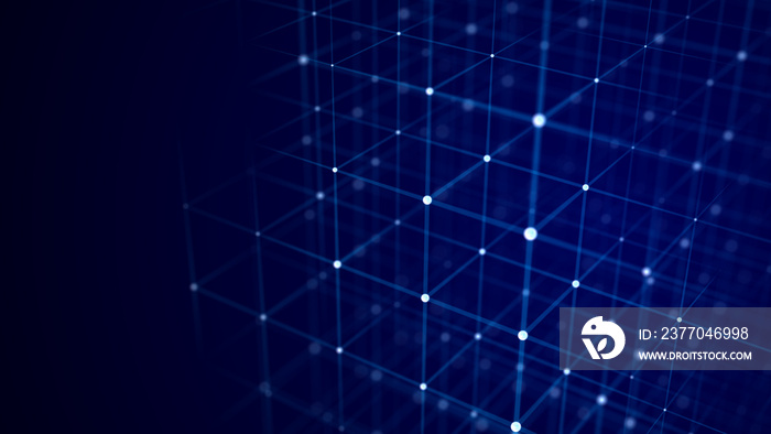 Abstract wireframe cube. Digital blockchain concept. Futuristic blue background with dots and lines. 3D rendering.