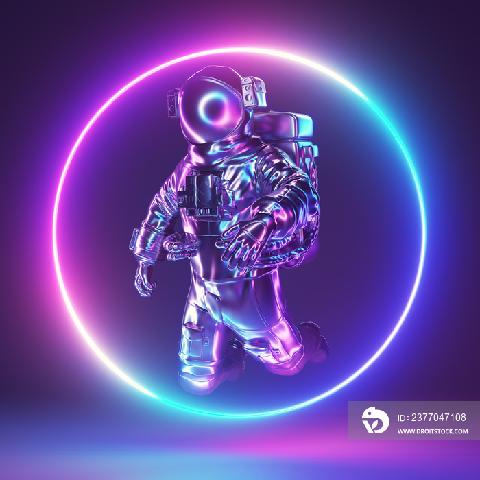 3d rendered neon light illustration of a chrome astronaut