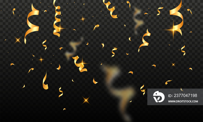 Golden Confetti Fall Down on Black Transparent Background.