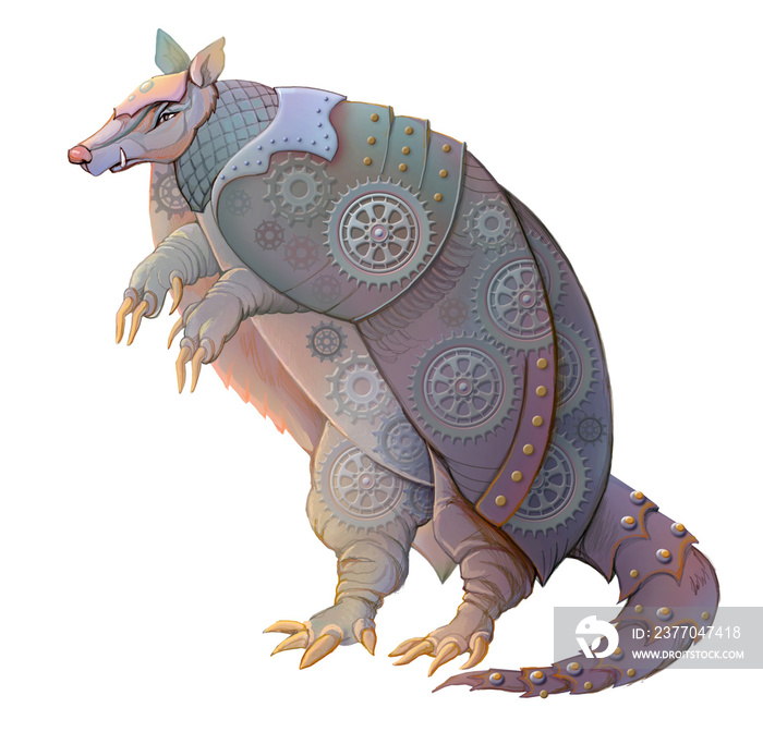 Warlike silver armadillo in military armor. Steampunk style. Illustration of fantastic mechanical animal. Image of imaginary legendary monster for playing games. Digital drawing.