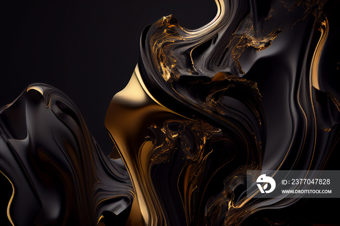 Marble liquid abstract black and gold texture, alcohol ink background