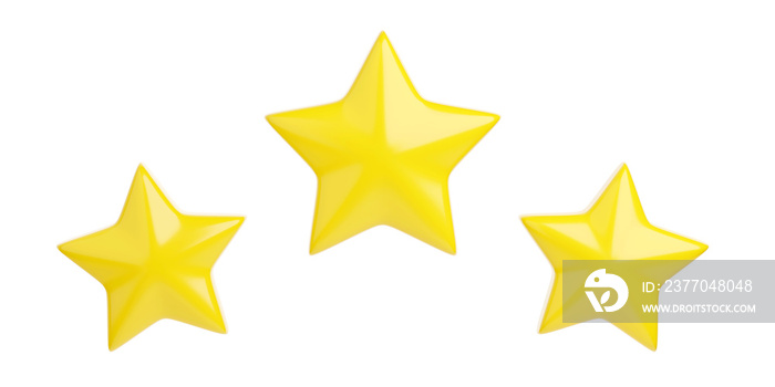 Three yellow stars for customer review concept - 3d render illustration of best product or service that customers have appreciated. Stellar composition for bestseller or positive user rating.