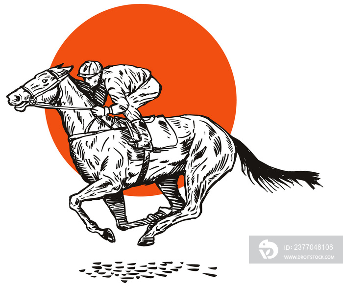 illustration of a horse and jockey racing on isolated white background done in retro style.