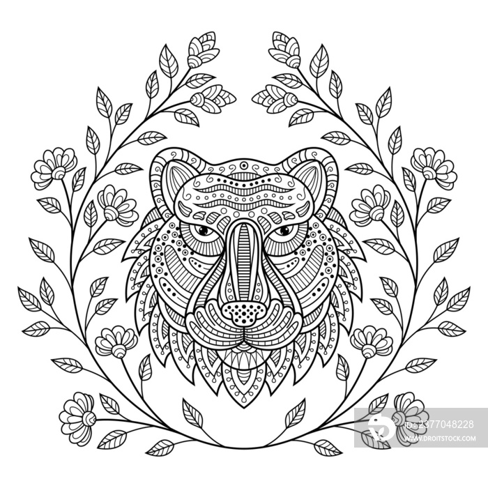 Hand drawn of tiger head with flower frame in zentangle style