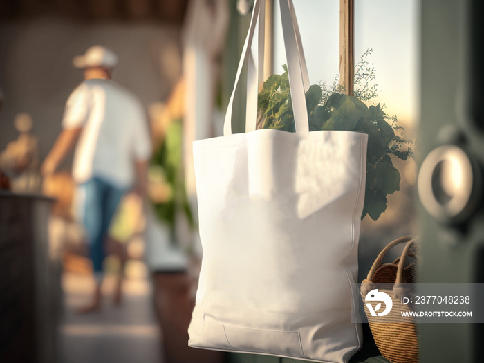 White tote shopping bag hanging on a fence, mockup tote bag for design