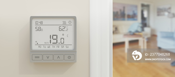 Energy saving temperature. Home thermostat to 19 Celsius degrees.