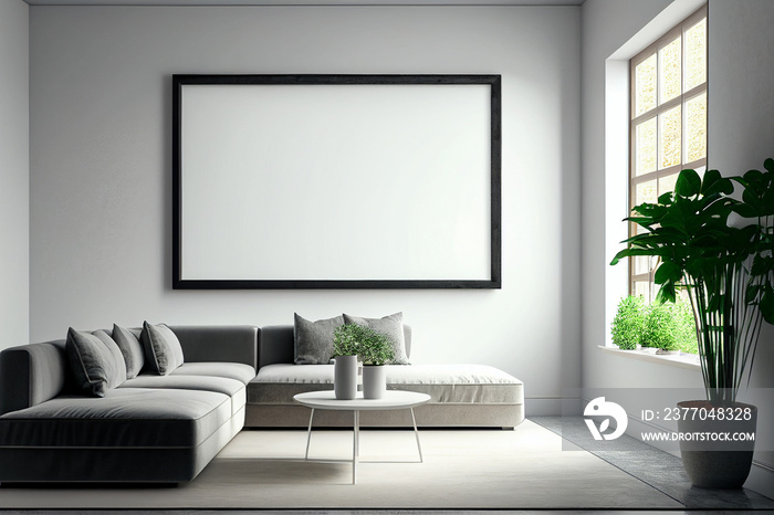 Modern living room interior with empty canvas or wall decor with frame in center for product presentation background or wall decor promotion, mock up