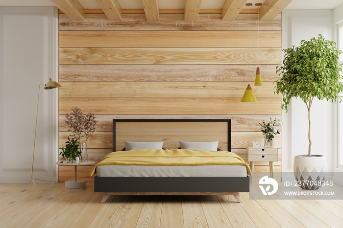 Bedroom interior mockup with gray bed on empty wooden wall background.