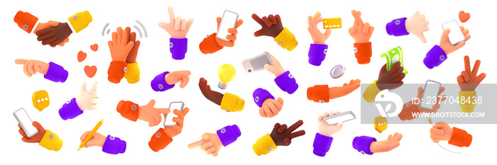 3d render hand gestures, black and white arms with smartphones, handshake, thumb down, victory, pointing and crossed fingers with heart, writing and speech bubble Cartoon illustration in plastic style