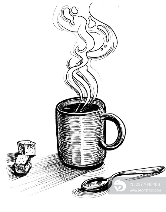 Cup of hot tea, spoon and sugar. Ink black and white drawing