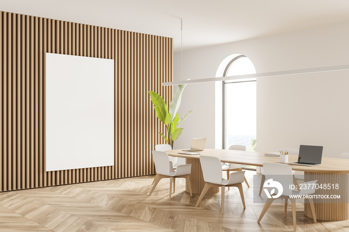 Wooden conference room interior with furniture and window. Mockup poster