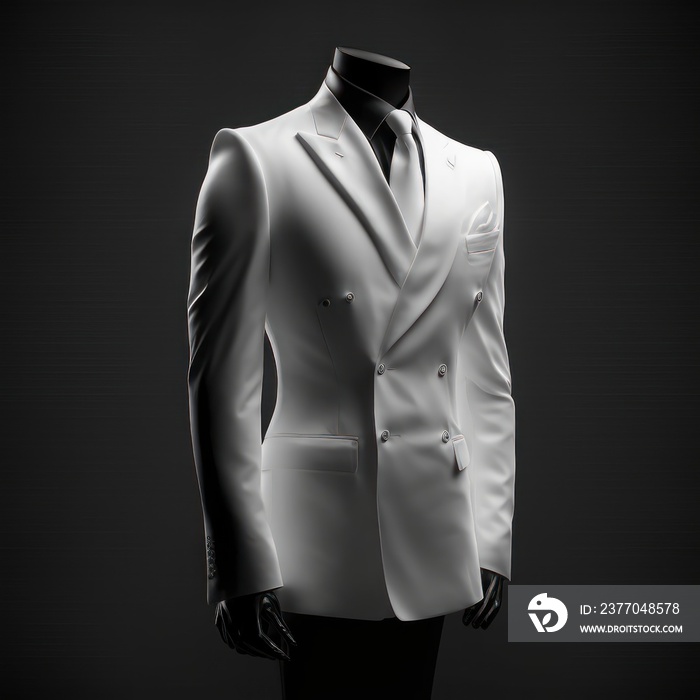 white suit on a mannequin isolated on dark background ,white tie black shirt elegant luxury fashion, suit mockup template product displacement