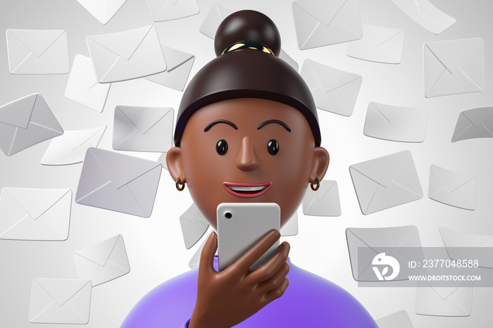 Cartoon black african american woman in violet shirt using smartphone with white falling mails on background.