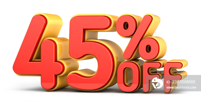 Red and yellow text, 45% off isolated on white background. Off 45 percent. Sales concept. 3d illustration.