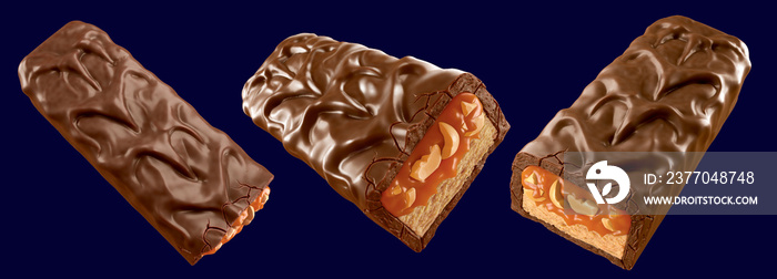 Delicious chocolate coated snack bar with caramel and peanut. 3d illustration.