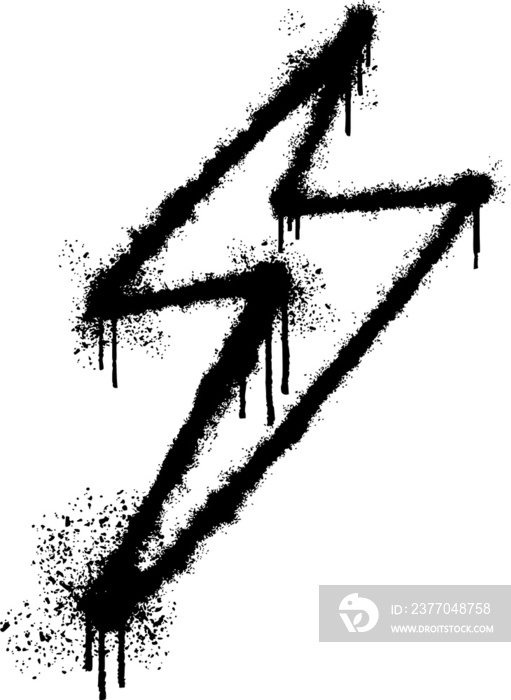 Graffiti high voltage electric lightning bolt icon with spray in black over white.