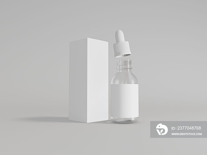 Medicine glass dropper bottle with box mockup. Serum skin care cosmetic bottle for label design, branding and packaging. 3D rendered Illustration.