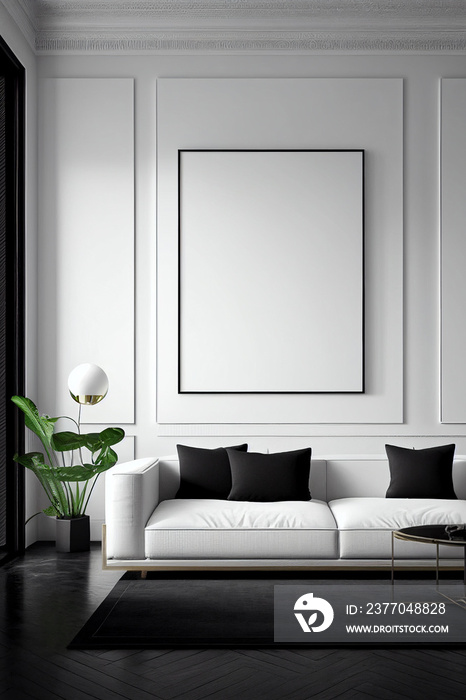 Modern living room interior with empty canvas or wall decor with frame in center for product presentation background or wall decor promotion, mock up