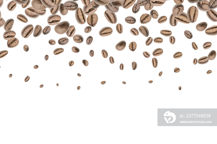 Coffee beans fall background. Black espresso coffee bean falling. Aromatic grain flying isolated on white. Concept for coffee product advertising.