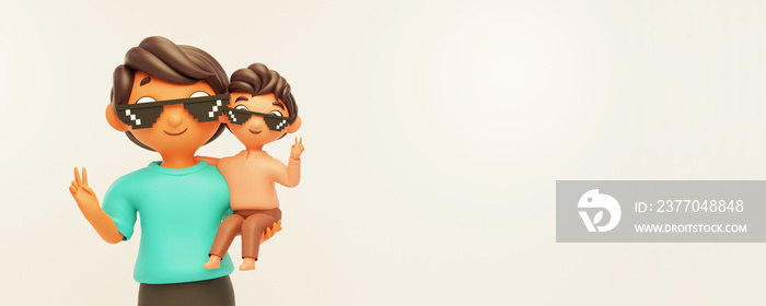 3D Cartoon Man Holding Son In His Arms And Copy Space On White Background.