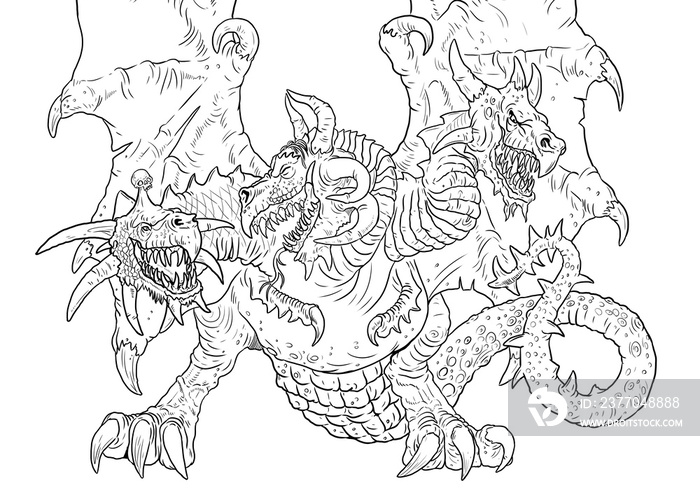 Three headed dragon coloring page. Outline illustration. Dragon drawing coloring sheet.