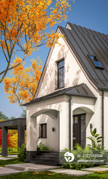 3d rendering of cute cozy white and black modern Tudor style house with parking  and pool for sale or rent with beautiful landscaping. Fairy roofs. Clear sunny autumn day with golden leaves anywhere