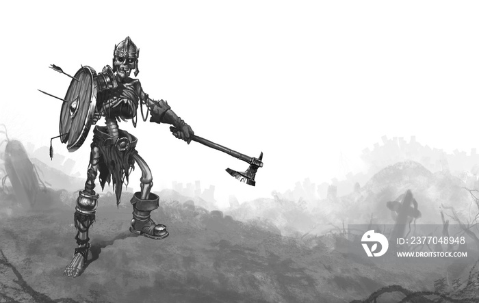 Skeleton warrior with ax and shield. Dead warrior with weapon sketch illustration isolate art. Dead warrior on the background of the cemetery.