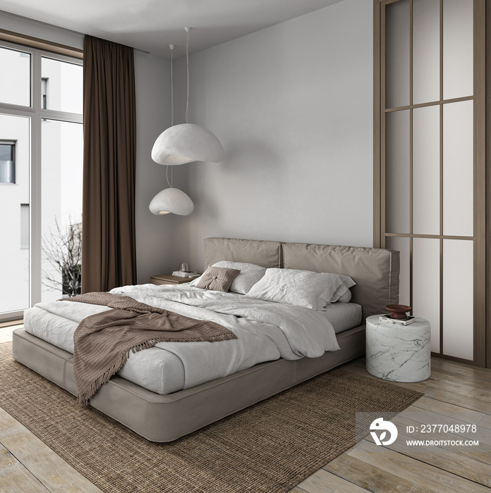 Minimal japenese bedroom interior. Bed with blanket and pillows, carpet on hardwood floor. Mockup empty white wall side view. 3d rendering. High quality 3d illustration
