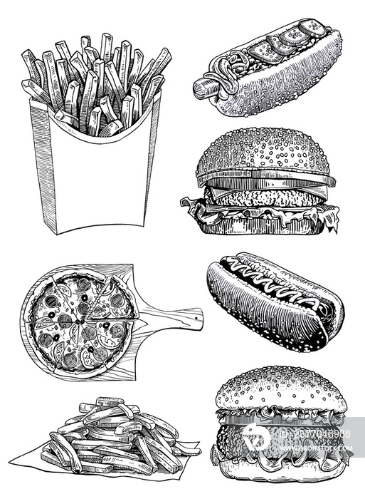 Graphical hand-drawn set of fast food isolated on white background,jpg illustration