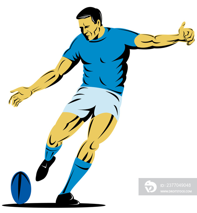 illustration of a rugby player kicking the ball on isolated background done in retro woodcut style