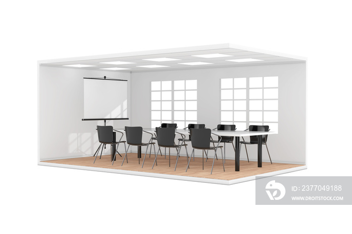 Business Meeting Room Interior with Large Window, Projection Screen, Table, Chairs and Wooden Parquet Floor. 3d Rendering