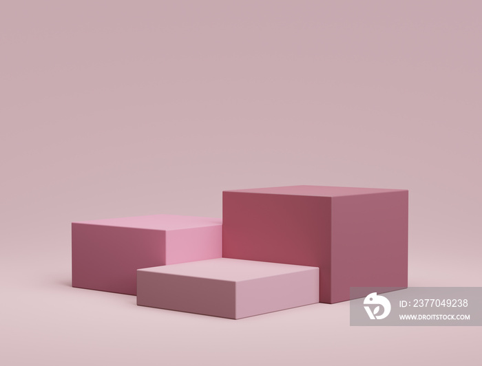 Three pink cube podium for product display. scene with geometrical forms. empty showcase, 3d rendering.