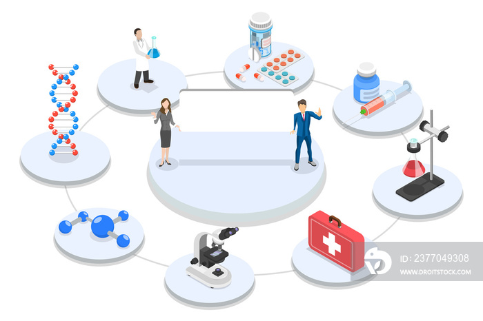 3D Isometric Flat  Conceptual Illustration of Pharmacology