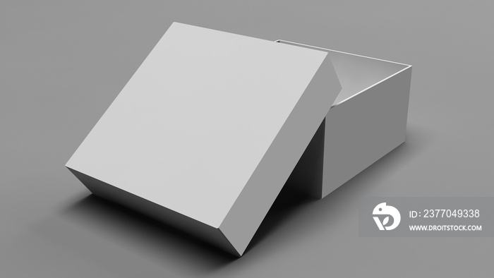 Open white gift box mockup. Square box mockup. Realistic perspective view of cardboard box mockup. Gift box mockup. 3D Illustration.