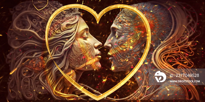 spiritual esoteric couple two futuristic faces  in heart shape symbol colorful art paint illustration