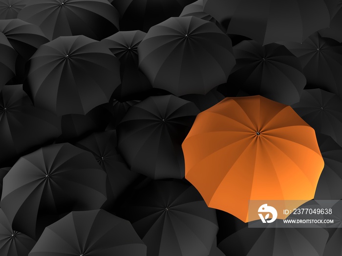 One unique bright orange umbrella among many black ones. The concept of uniqueness. 3d illustration