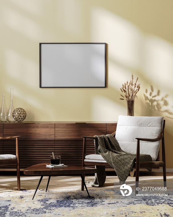 horizontal frame mock up in Cozy modern living room interior mock up in light brown tones, scandinavian style, 3d illustration