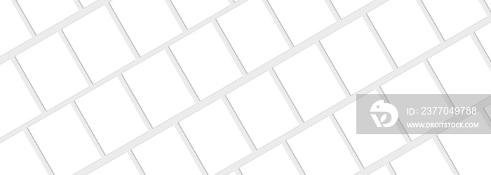 Group of  White Diagonal Rectangle mockups lying on neutral Light background (Flat lay) . Paper Blanks Mock Up in gray background. Branding Identify, Business Cards, Magazine pages. and Posts