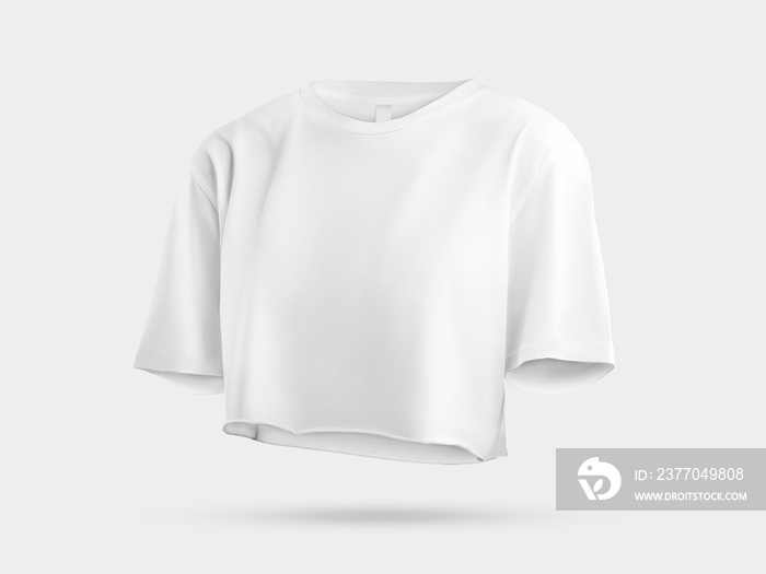 White female t-shirt mockup 3D rendering, front, fashion crop top isolated on background.