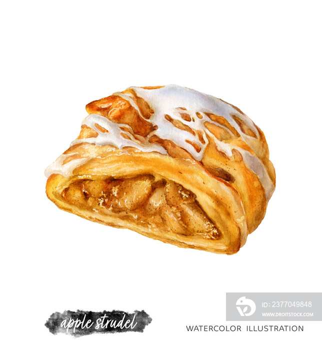 Apple strudel watercolor illustration isolated on white background.