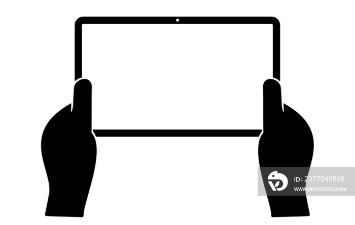 hand holding tablet pc icon on transparent background. Hands using smartphone or tablet icon on transparent background. Blank tablet screen with hands holding. Tablet, smartphone gestures. PNG image.