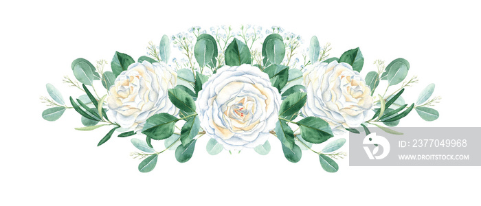 Watercolor rustic wedding garland bouquet isolated on white background. Creamy white roses buttons, leaves, gypsophila, eucalyptus and olives branches. Hand drawn botanical illustration. Can be used