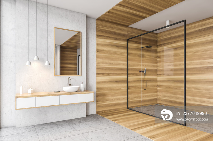 Wooden and white bathroom with shower, sink and mirror