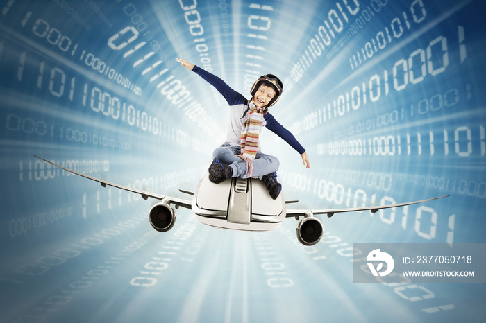 Boy riding airplane inside binary code