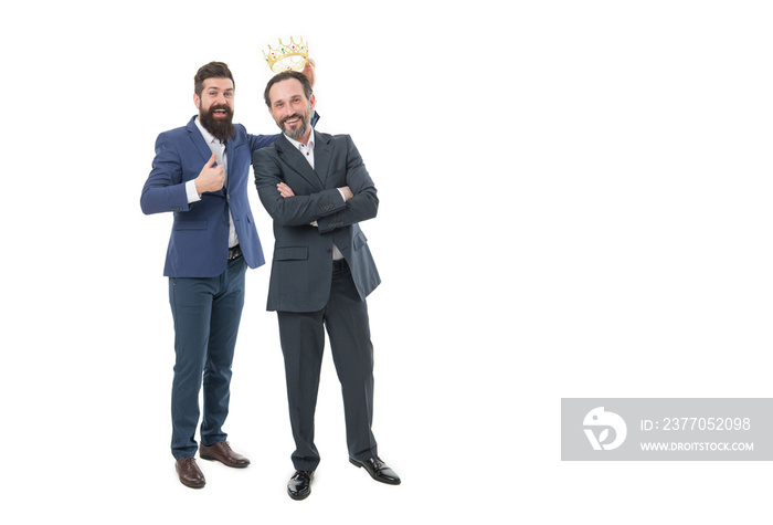 Rich and powerful people. Respected bearded man. Self esteem. Respected king. Respected position in society. Achievements and reputation. VIP concept. Men wear crown. Businessmen successful people