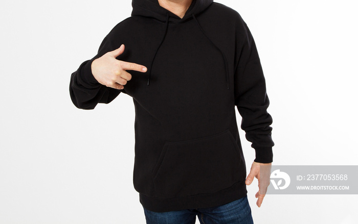 Man in black sweatshirt pointed hand, black hoodies front isolated, mock up,copy space cropped image