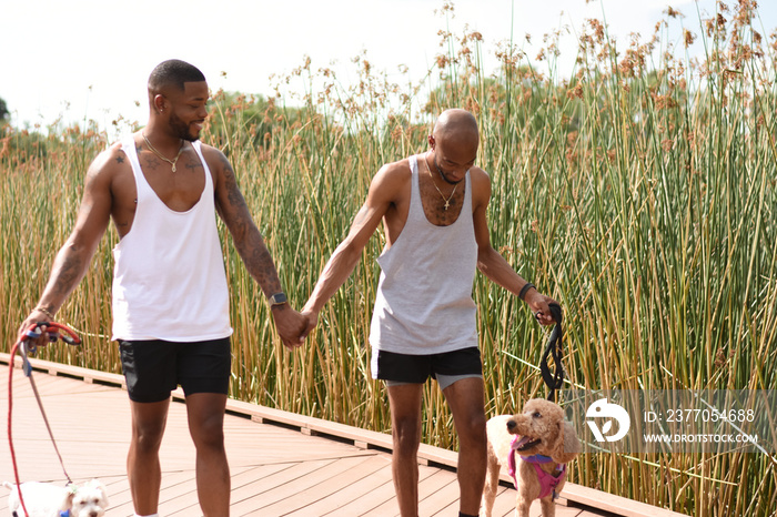 USA, Louisiana, Gay couple walking on boardwalk with dogs