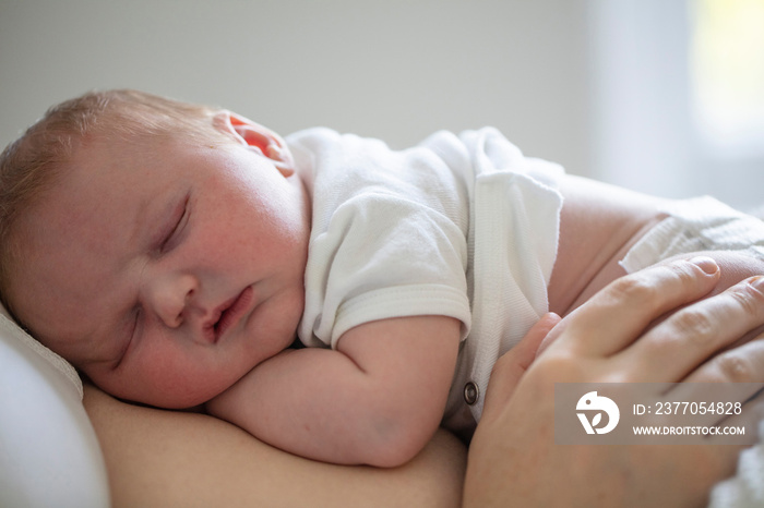 An adorable newborn baby sleeping on their mum